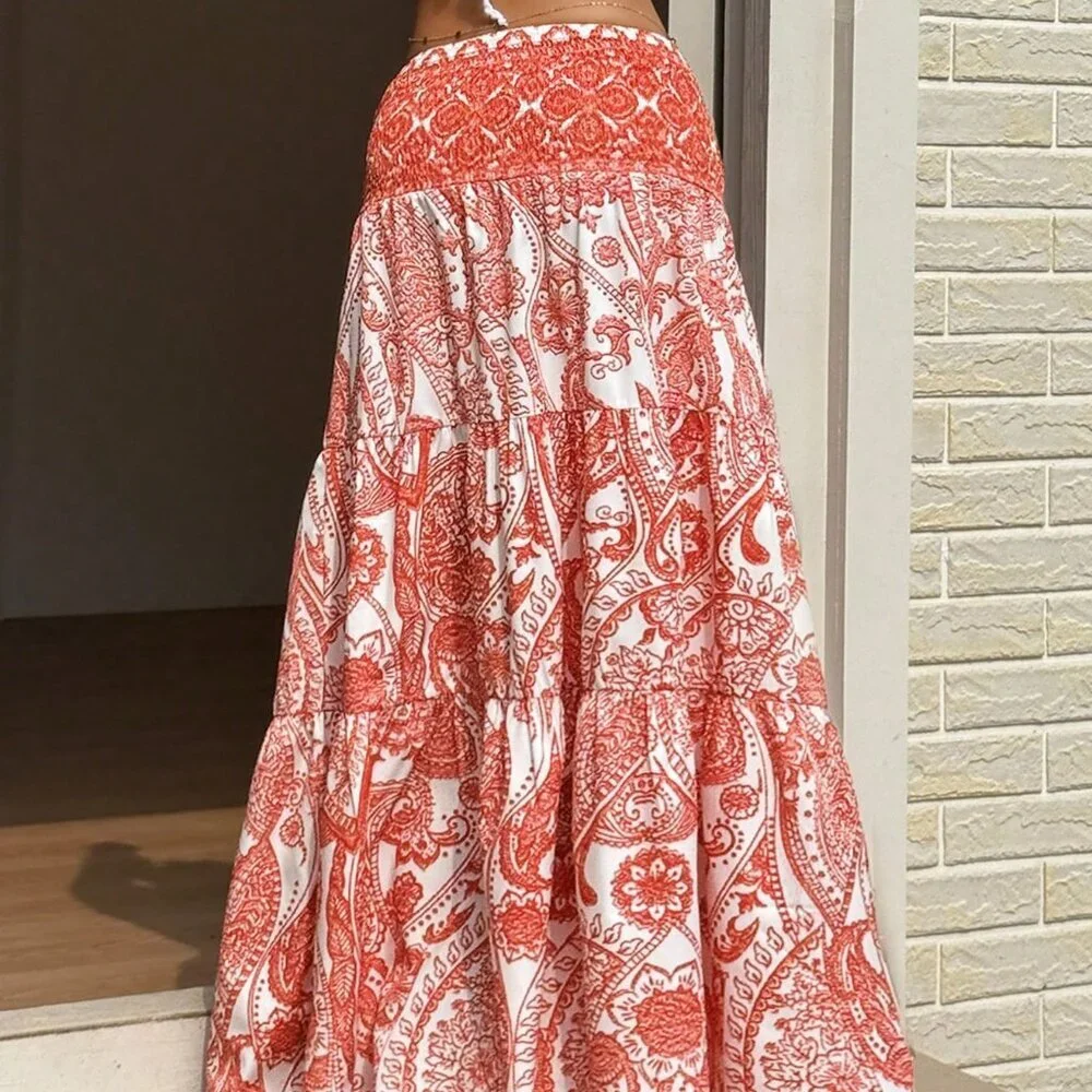 Red Boho Women's Bohemian Print Long Flared Skirt, Casual Vacation